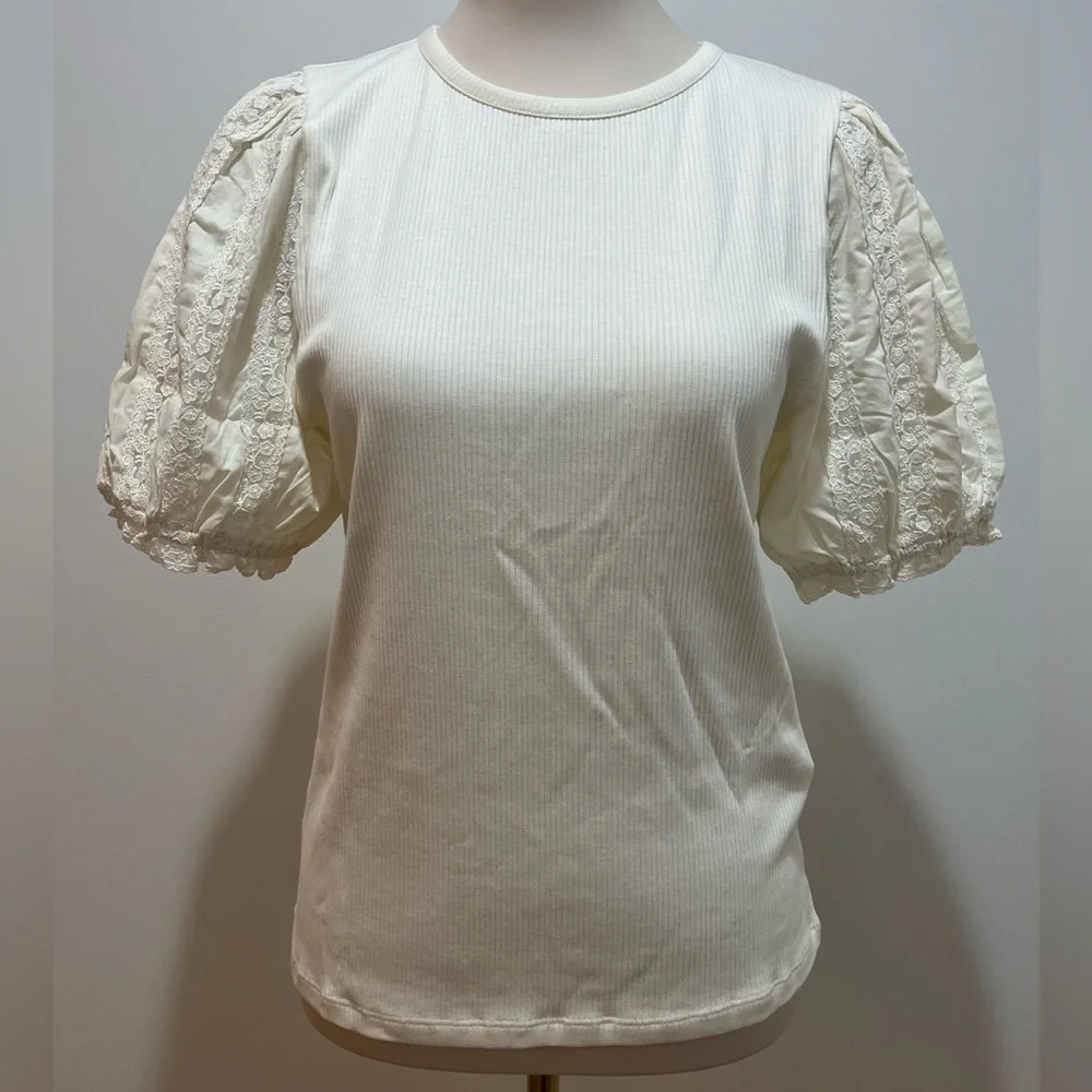 J. Crew Vintage Rib Top with Lace Puff Sleeves in Natural